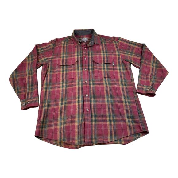 Woolrich Wool Blend Flannel Shirt Mens LARGE Yellow Red Plaid USA Pockets Button - Picture 1 of 8